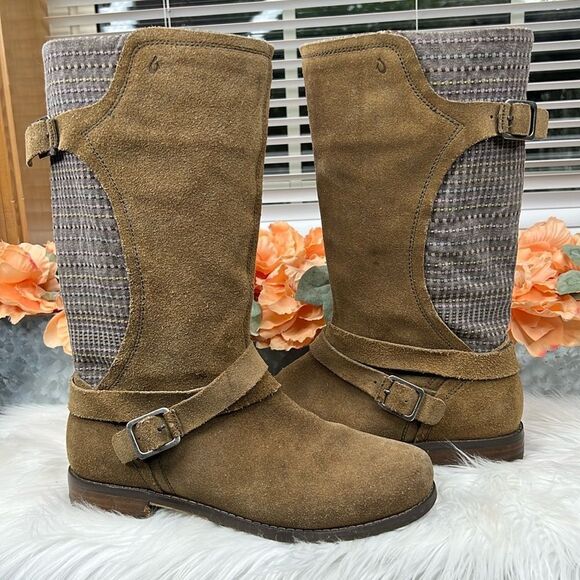 Olukai Pa'la Brown Leather BuckleStrap Riding Low Heel Boots Women Sz 8 - Picture 1 of 11